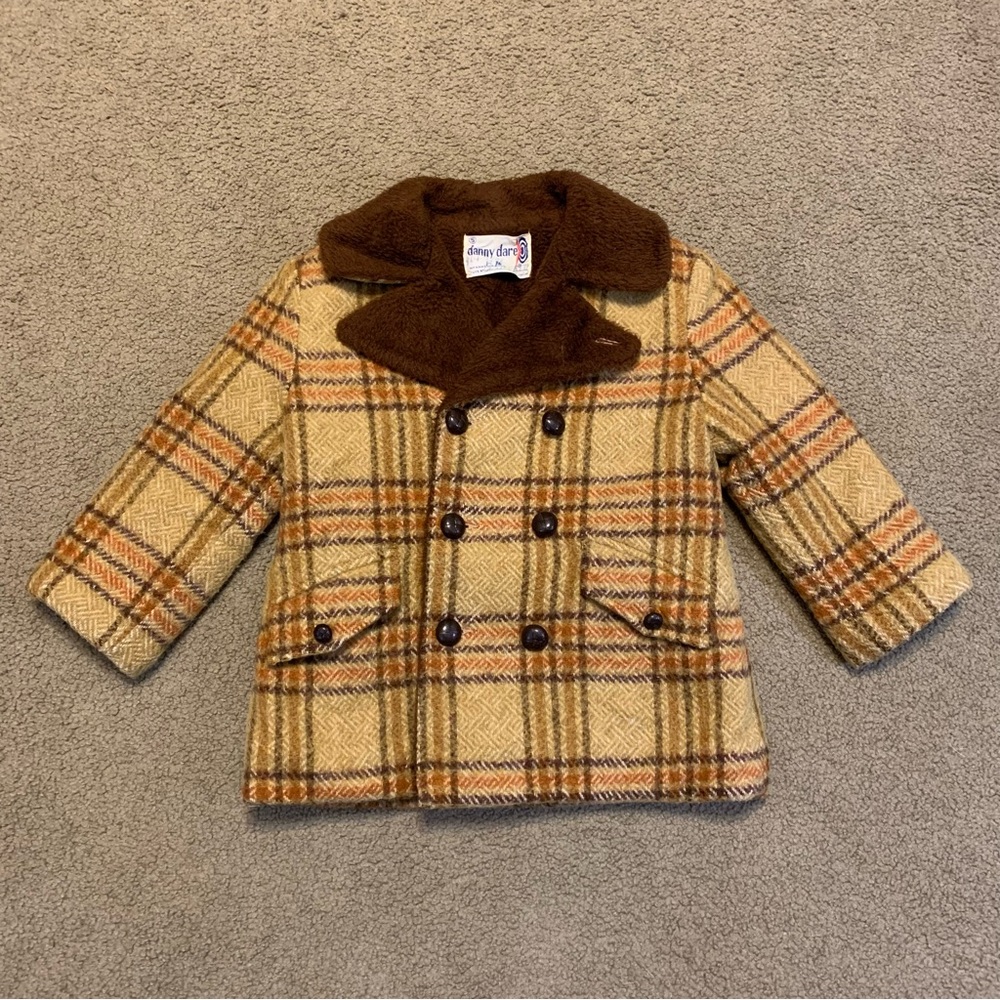 Vintage Danny Dare Toddler Kids Jacket Coat Gold Brown Plaid Button Up Size 5